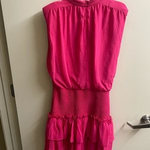 TCEC Pink shoulder pad smocked ruffle dress